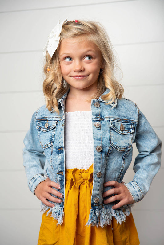 Kids Light Wash Faded Denim Fringe Jacket