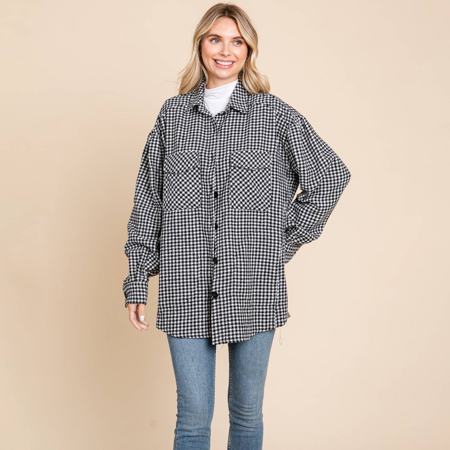 Oversized Houndstooth Flannel Long Shacket