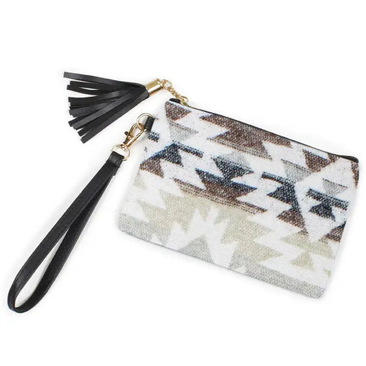 Western Print Pouch Bag with Wristlet - White