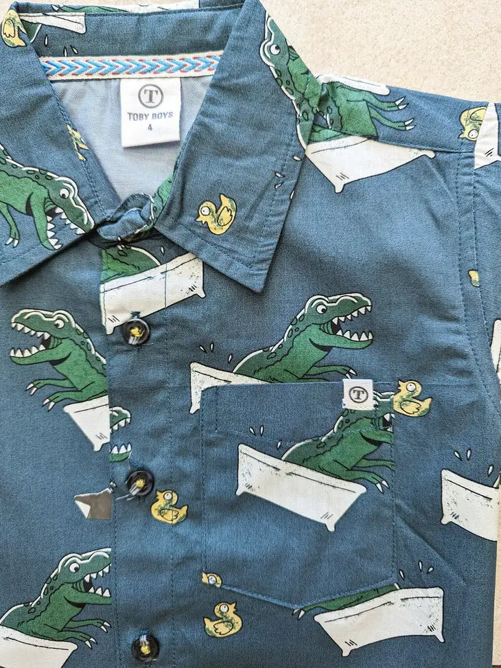 Boys T Rex in Bathtub Print Shirt