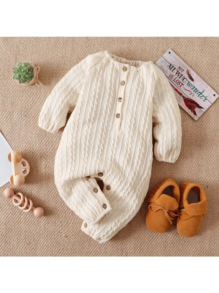 Solid Knitted Button Design Long-Sleeve Baby Jumpsuit