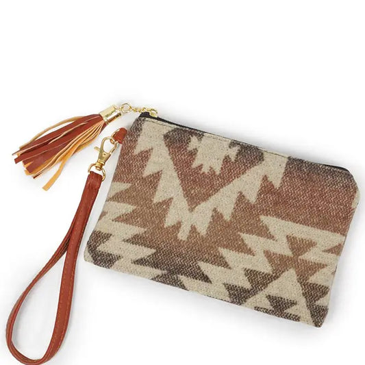 Western Print Pouch Bag with Wristlet - Brown