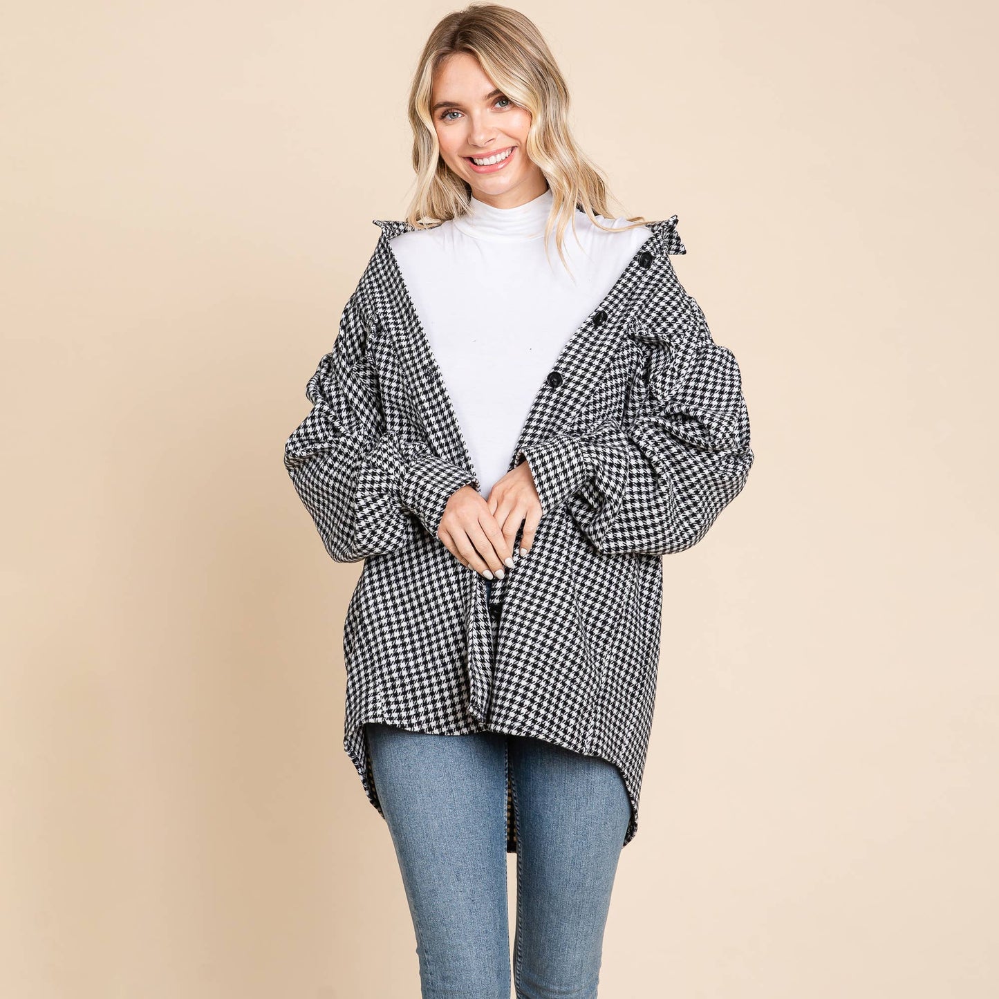 Oversized Houndstooth Flannel Long Shacket