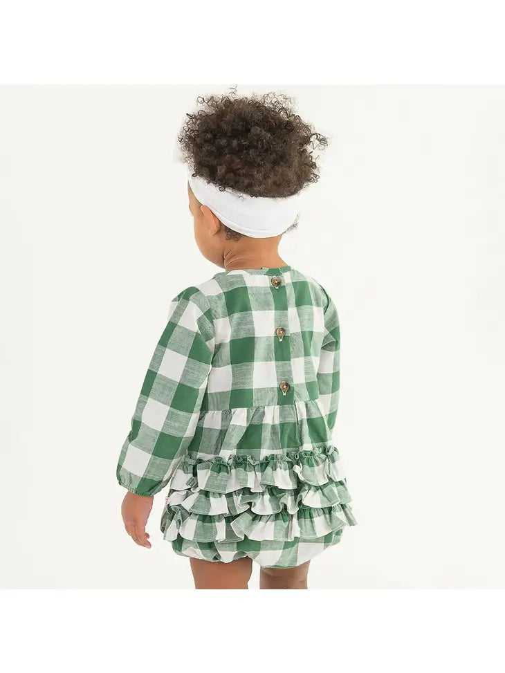 Dark Ivy Plaid Long Sleeve Smocked Bubble Romper