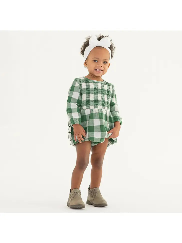 Dark Ivy Plaid Long Sleeve Smocked Bubble Romper