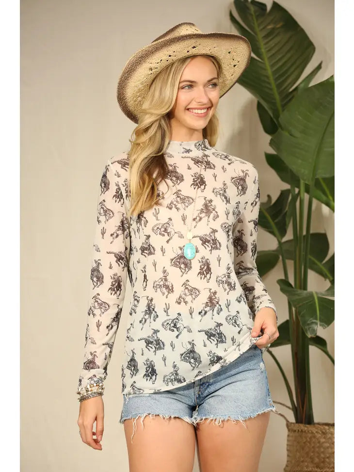 CHELSEA Cowboy Print Mock Neck Mesh Top