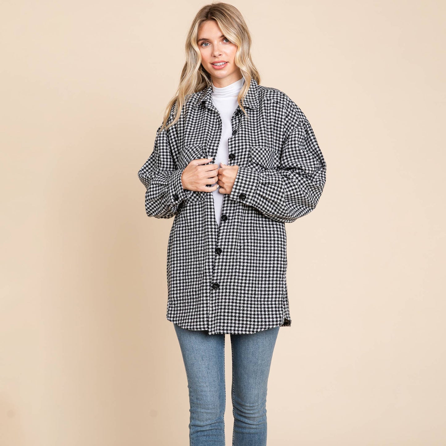 Oversized Houndstooth Flannel Long Shacket