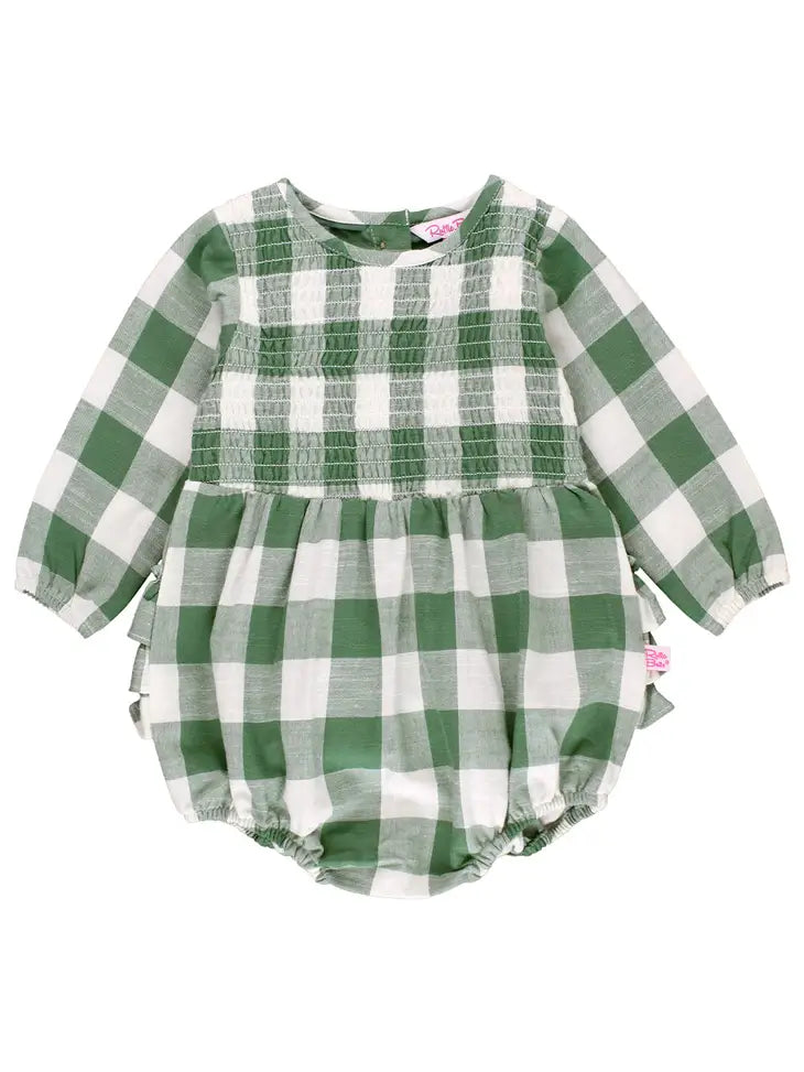 Dark Ivy Plaid Long Sleeve Smocked Bubble Romper