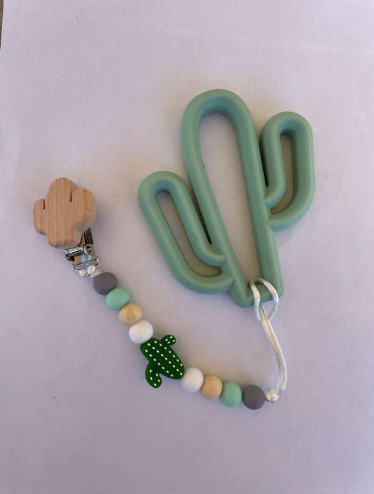 Large Silicone Cactus teether with wooden Clip on