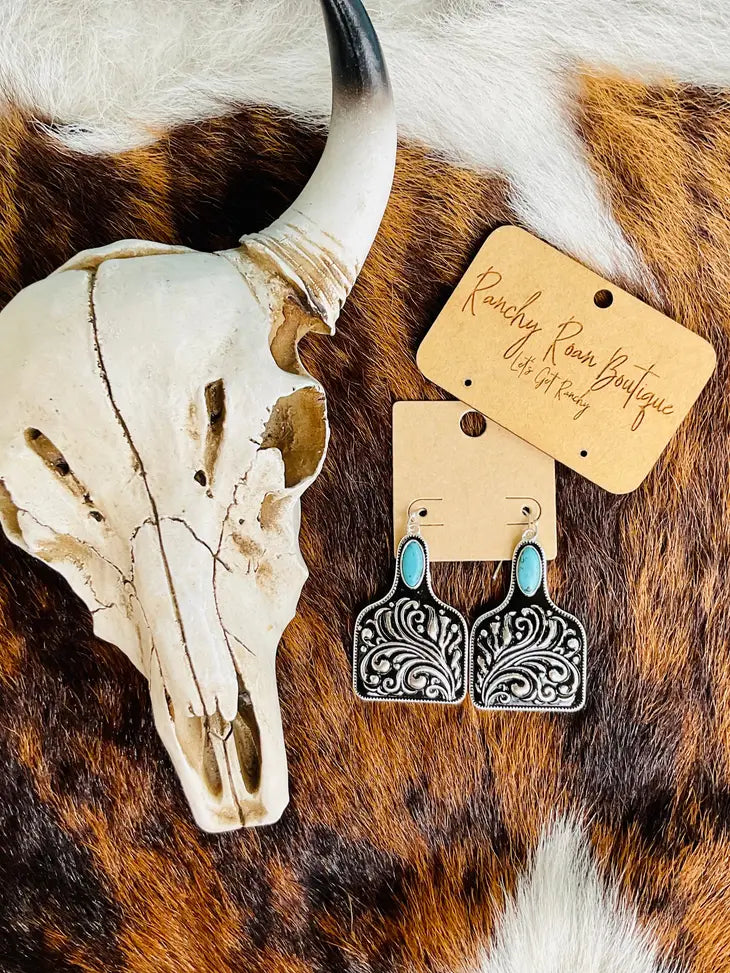 Floral Pattern Cattle Tag Western Earrings