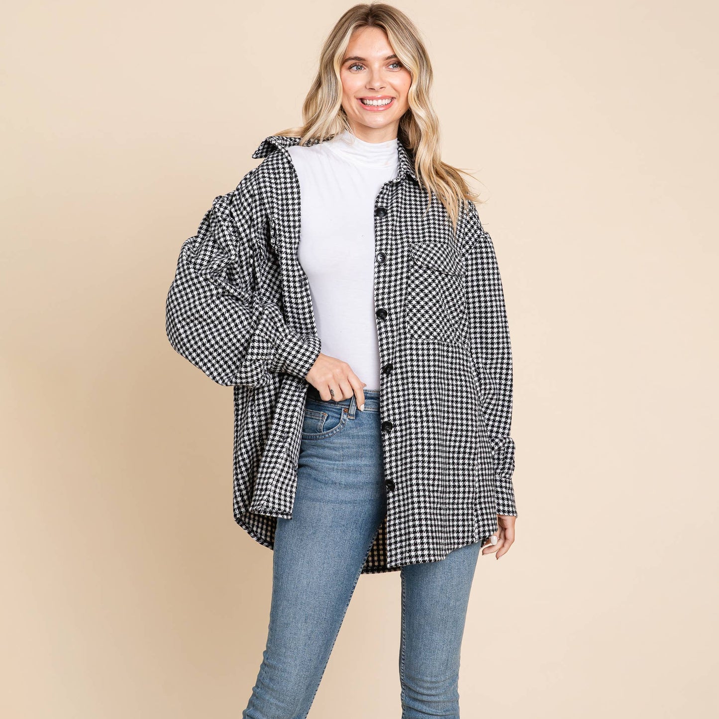 Oversized Houndstooth Flannel Long Shacket