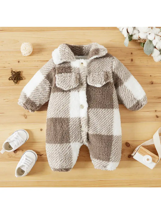 Khaki Plaid Fluffy Fleece Baby Lapel Long-Sleeve Jumpsuit