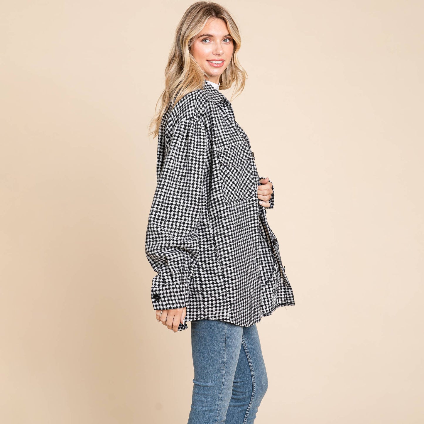 Oversized Houndstooth Flannel Long Shacket