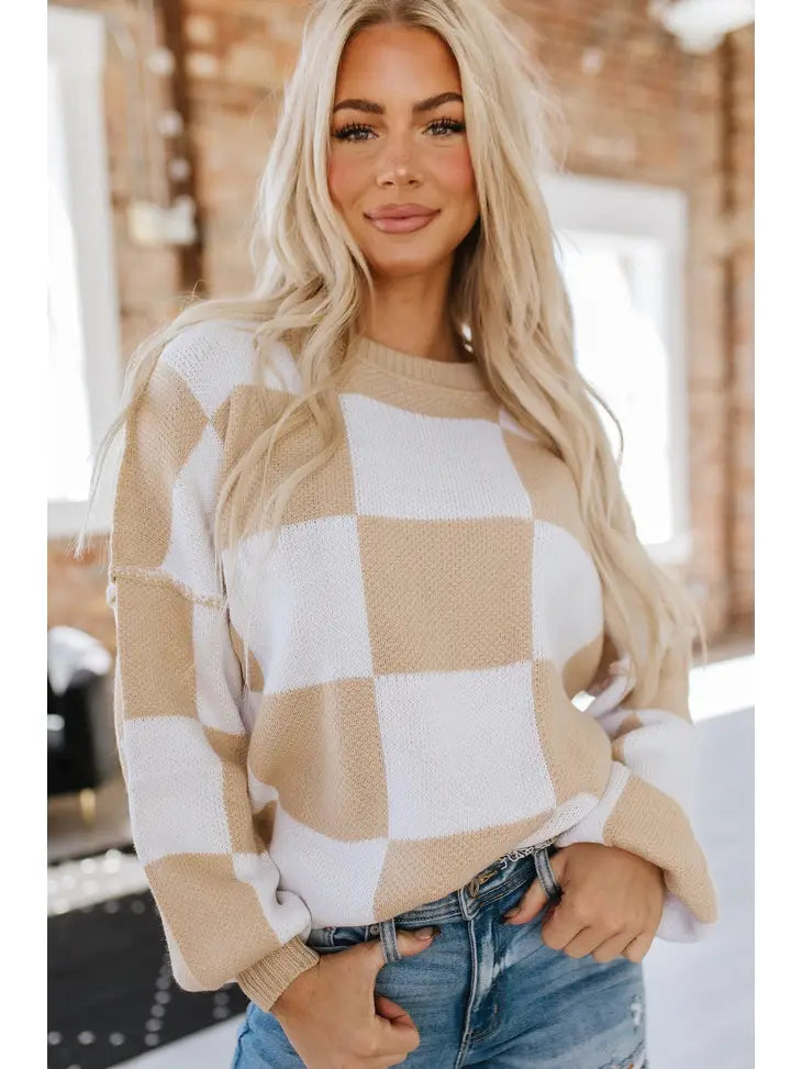 Checkered Bishop Sleeve Sweater