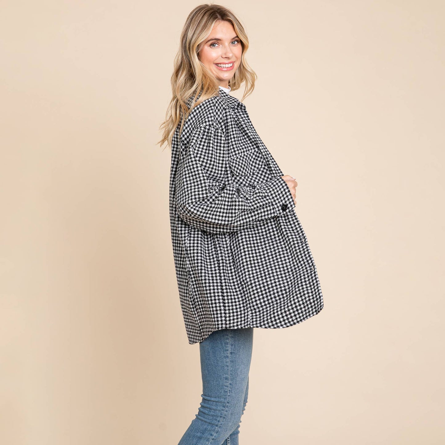 Oversized Houndstooth Flannel Long Shacket