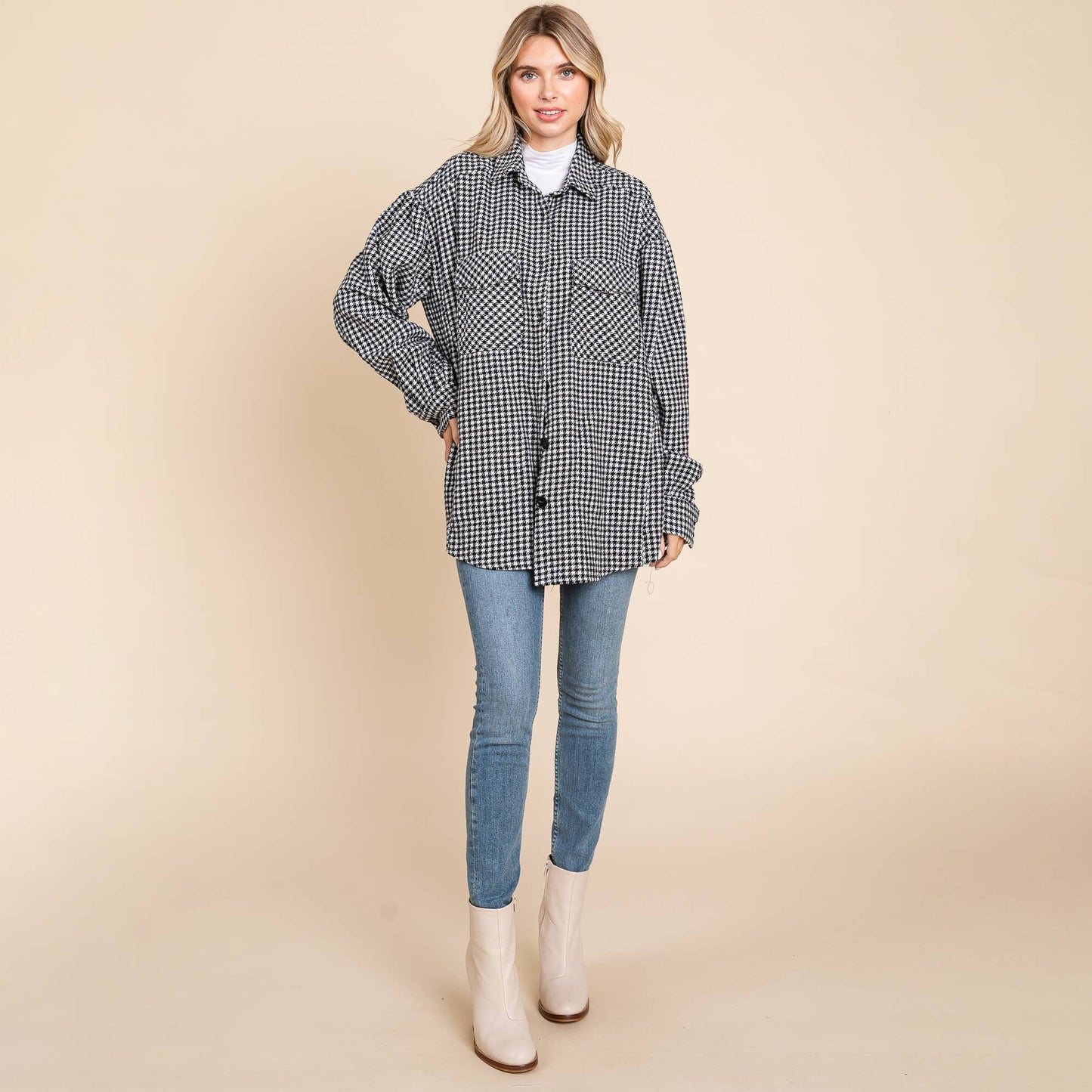 Oversized Houndstooth Flannel Long Shacket