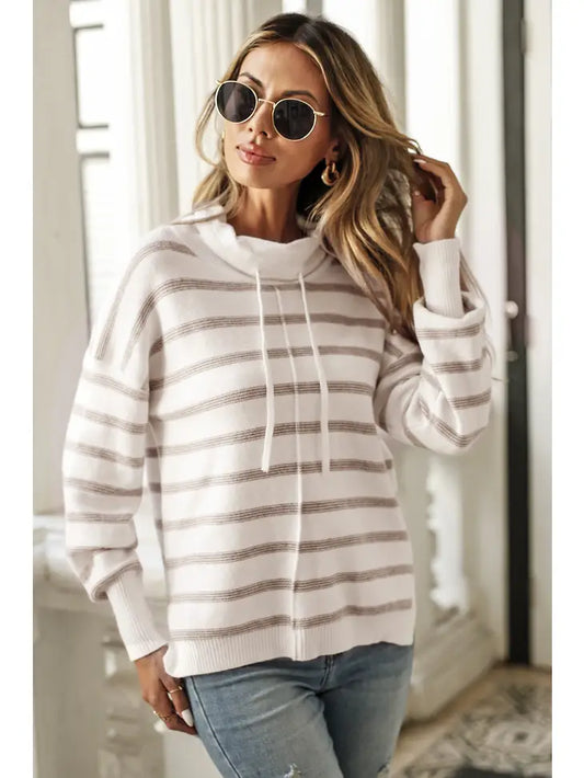 Cowl Neck Striped Print Drop Shoulder Sweater