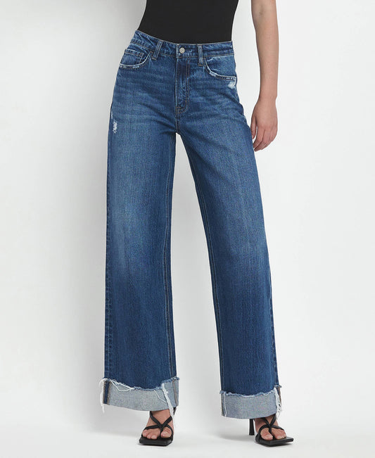 Super High Rise Cuffed Baggy Jeans - Vervet by Flying Monkey