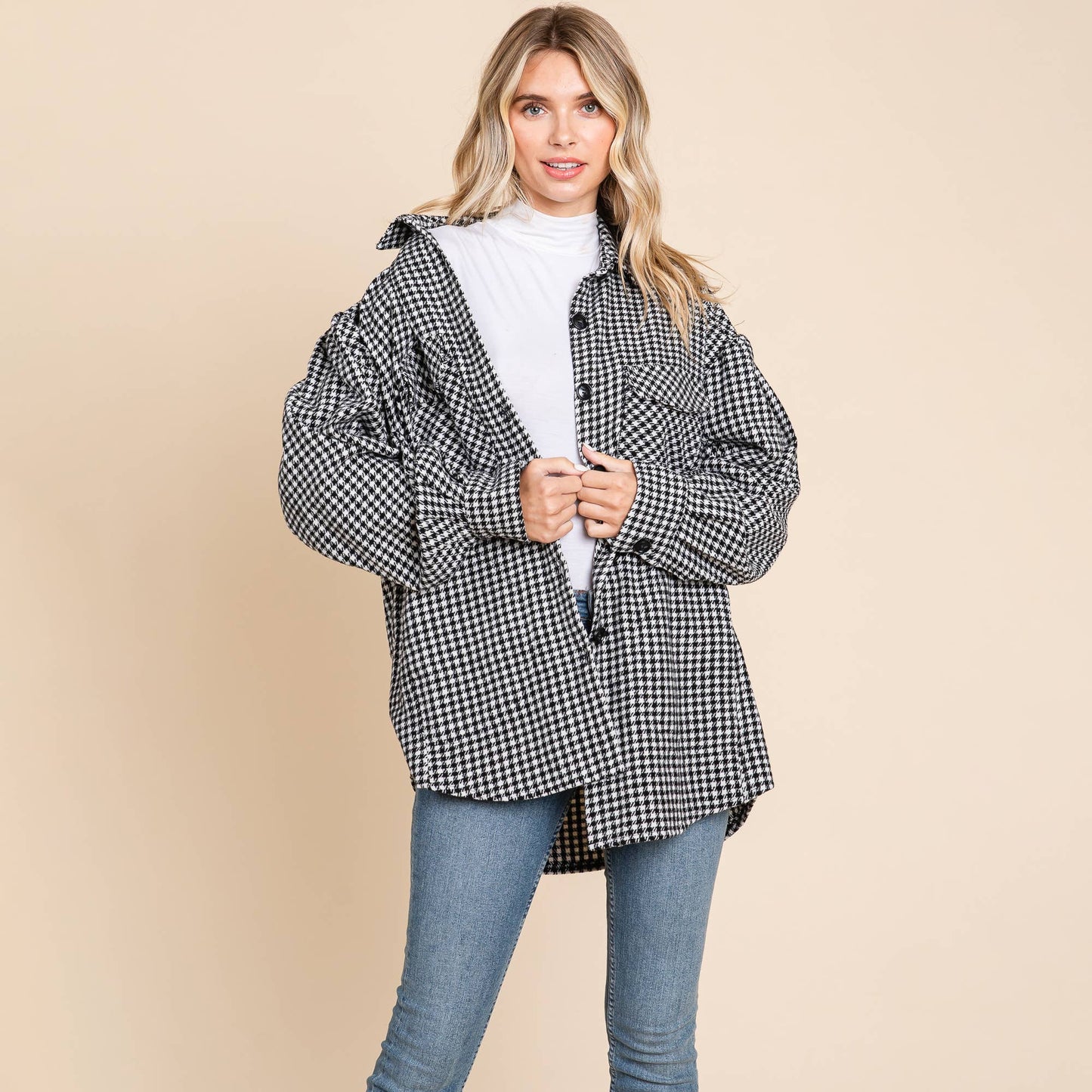 Oversized Houndstooth Flannel Long Shacket