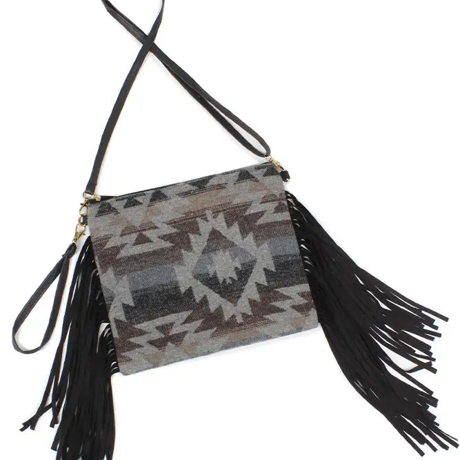 Western Crossbody Bag with Tassel - Gray