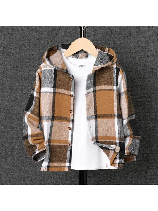 Boy Plaid Pattern Casual Secret Button Hooded Shirt