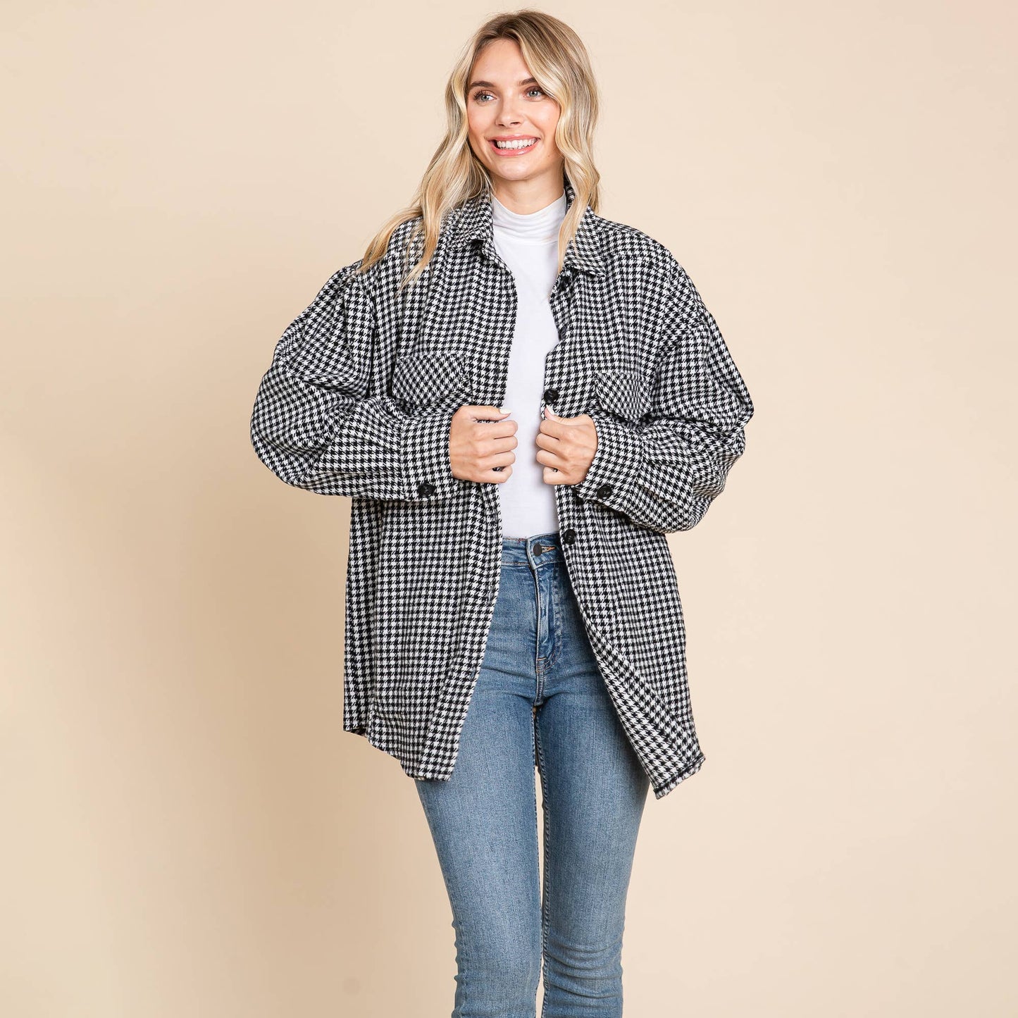 Oversized Houndstooth Flannel Long Shacket