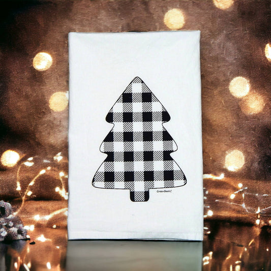 Buffalo Check Christmas Tree Holiday Flour Sack Tea Towel: Black