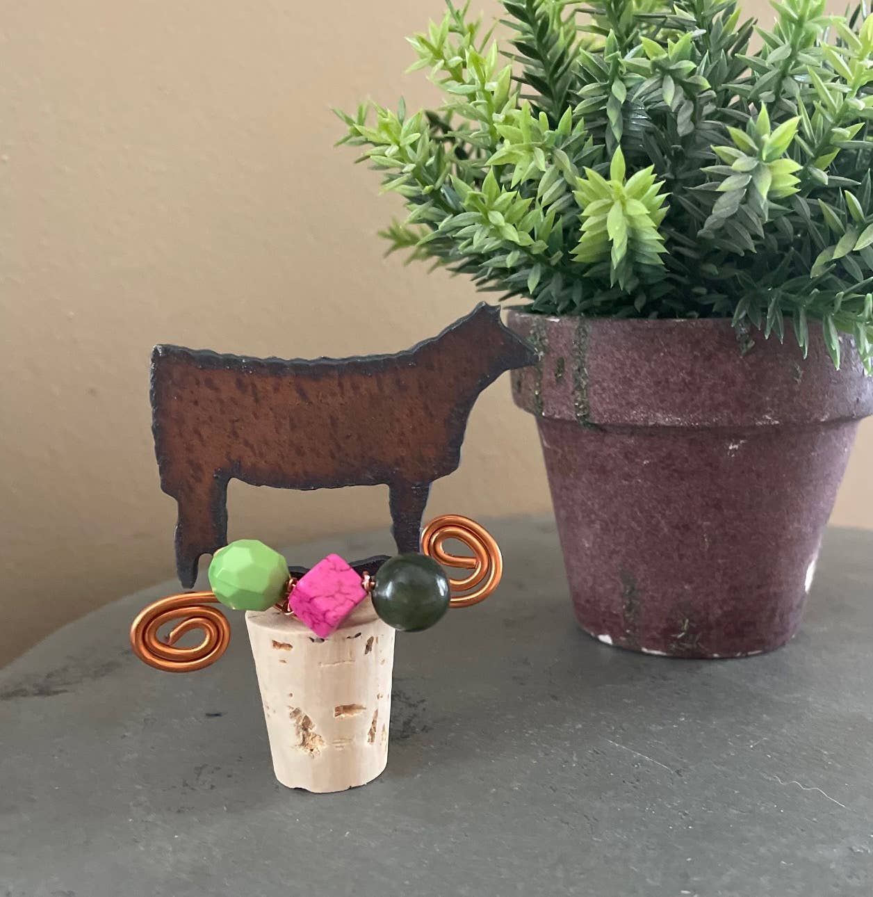 Rustic Wine Cork STEER Cow shape with beads and wire