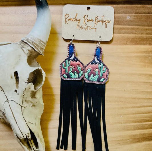 Cactus Leather Cow Tag Earrings