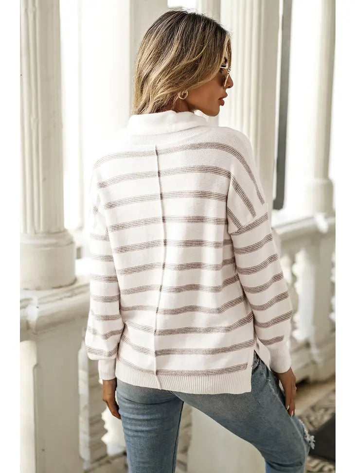 Cowl Neck Striped Print Drop Shoulder Sweater