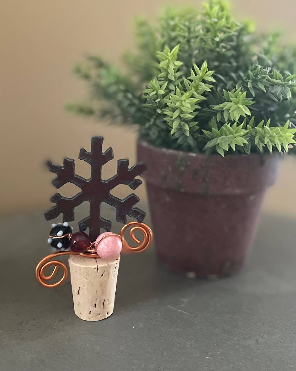 Rustic Wine Cork SNOWFLAKE shape with beads and wire