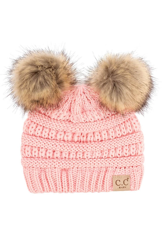 C.C Solid Ribbed Infant Natural Fur Double Pom Pom Beanie