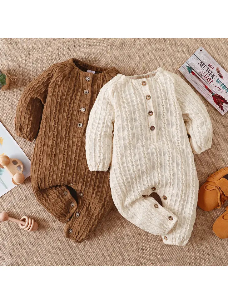 Solid Knitted Button Design Long-Sleeve Baby Jumpsuit