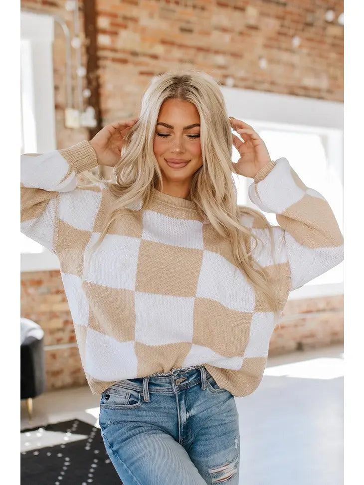 Checkered Bishop Sleeve Sweater