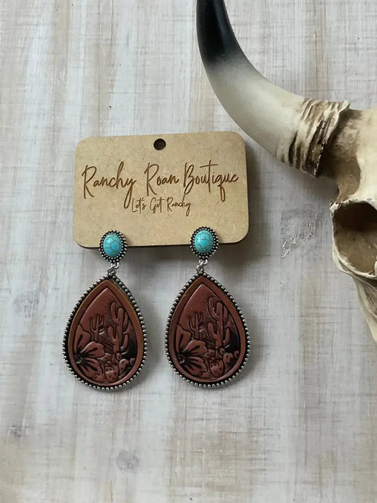 Teardrop Leather Stone Stud Earrings