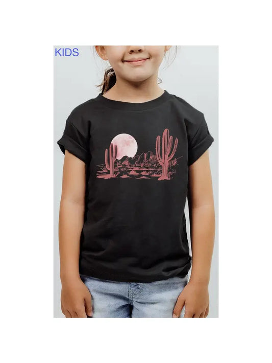 Pink Moon Night Desert Cacti Kids Graphic Tee