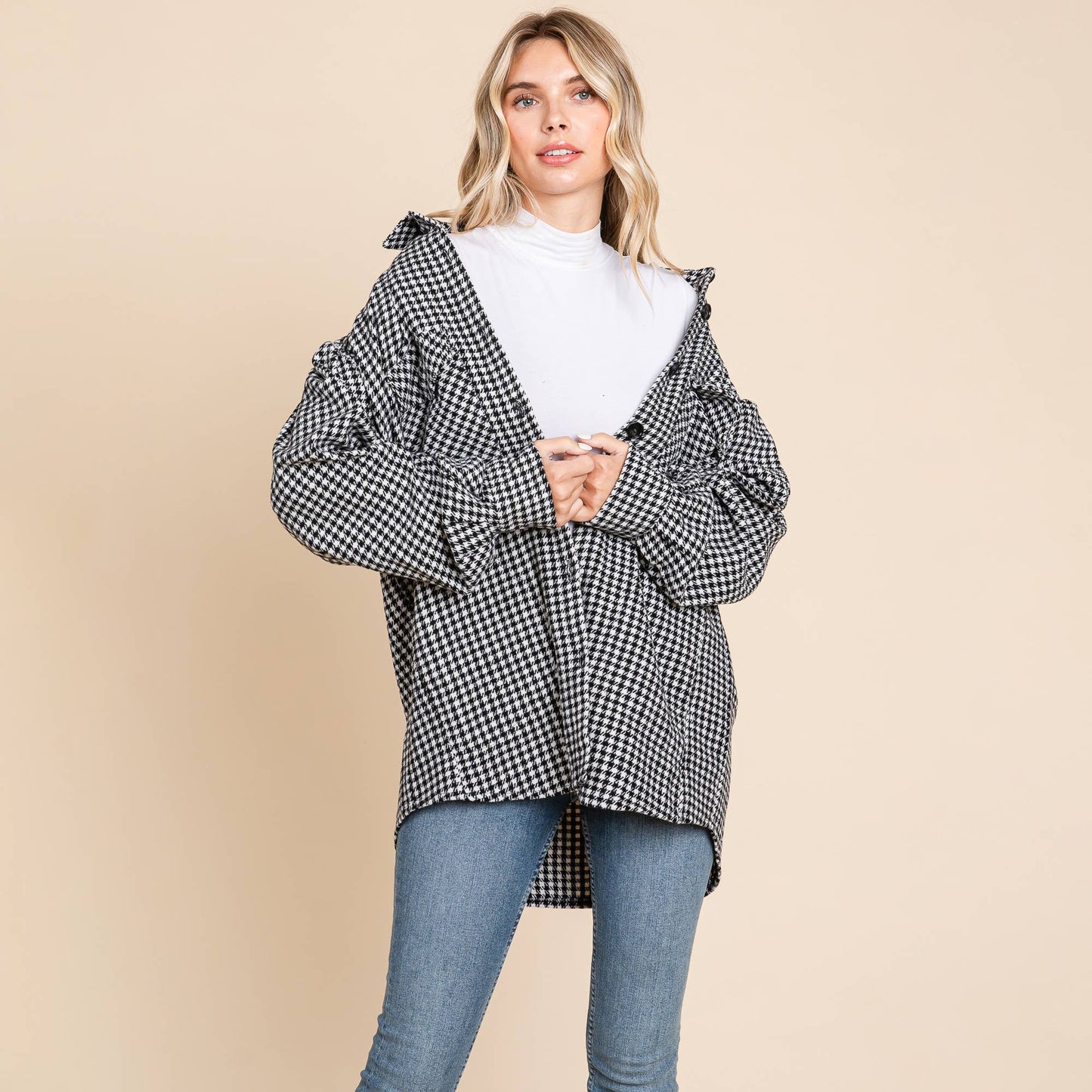 Oversized Houndstooth Flannel Long Shacket