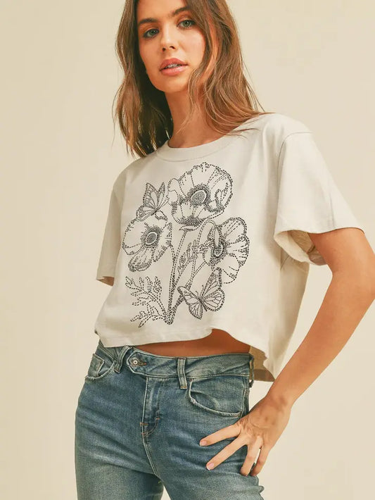 Flower Embroidery Graphic Cropped Tee