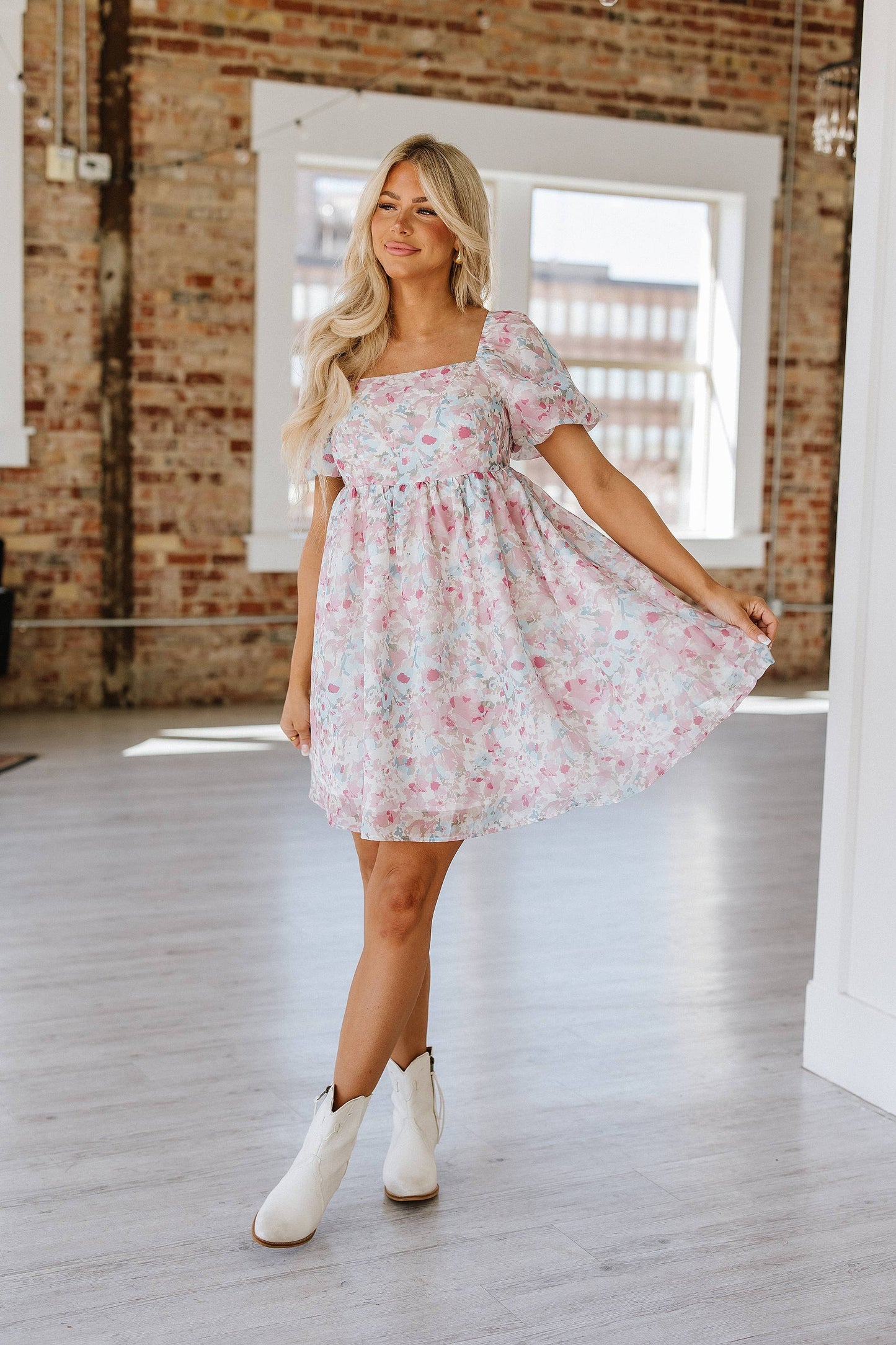 Ajay Floral Square Neck Mini Dress