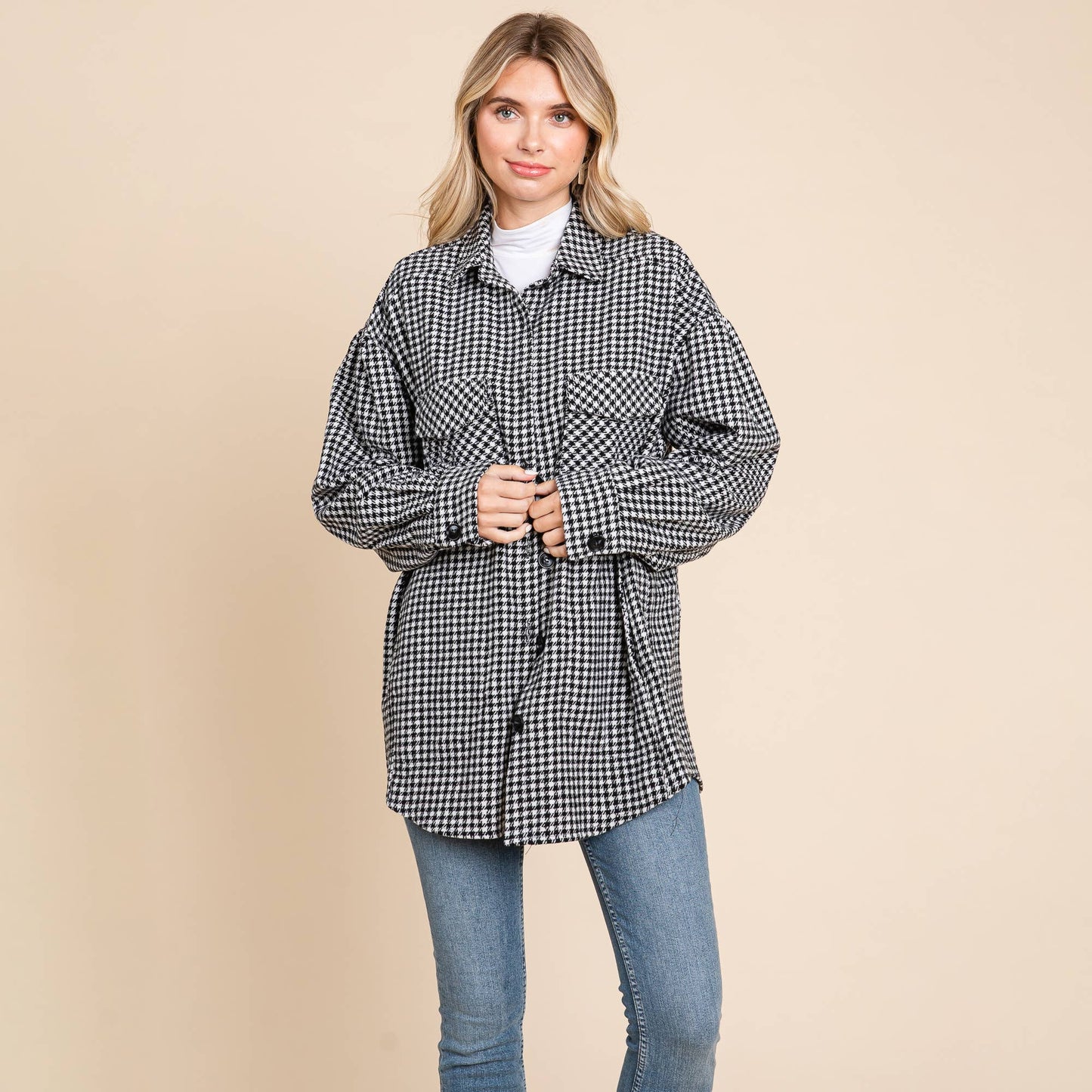 Oversized Houndstooth Flannel Long Shacket