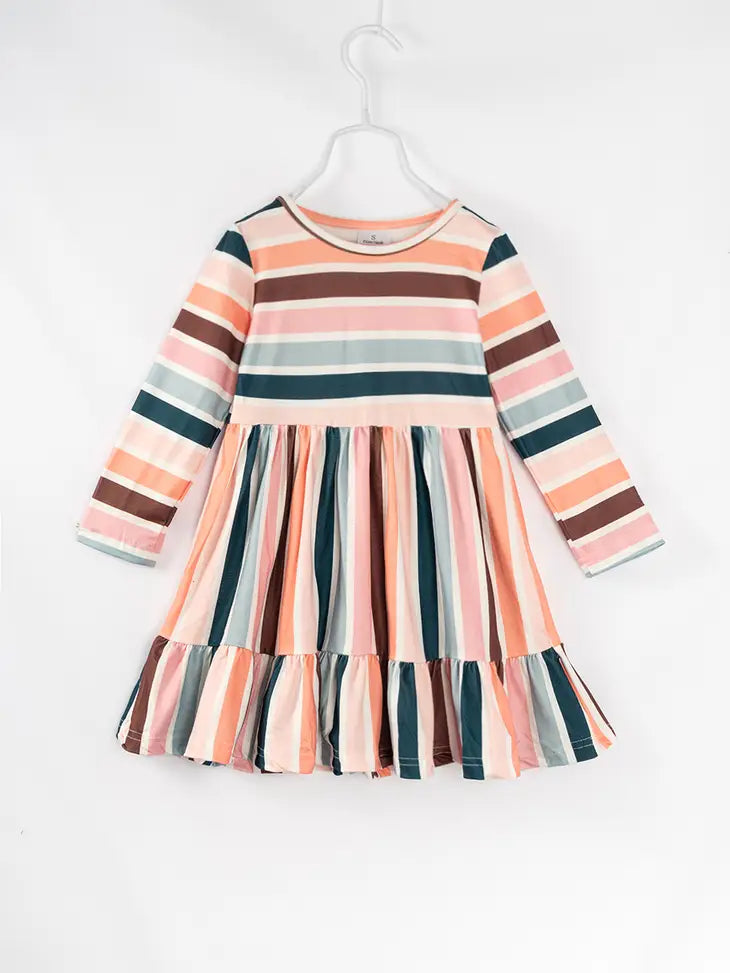 Pink Blue Stripe Ruffle Girl Twirl Dress