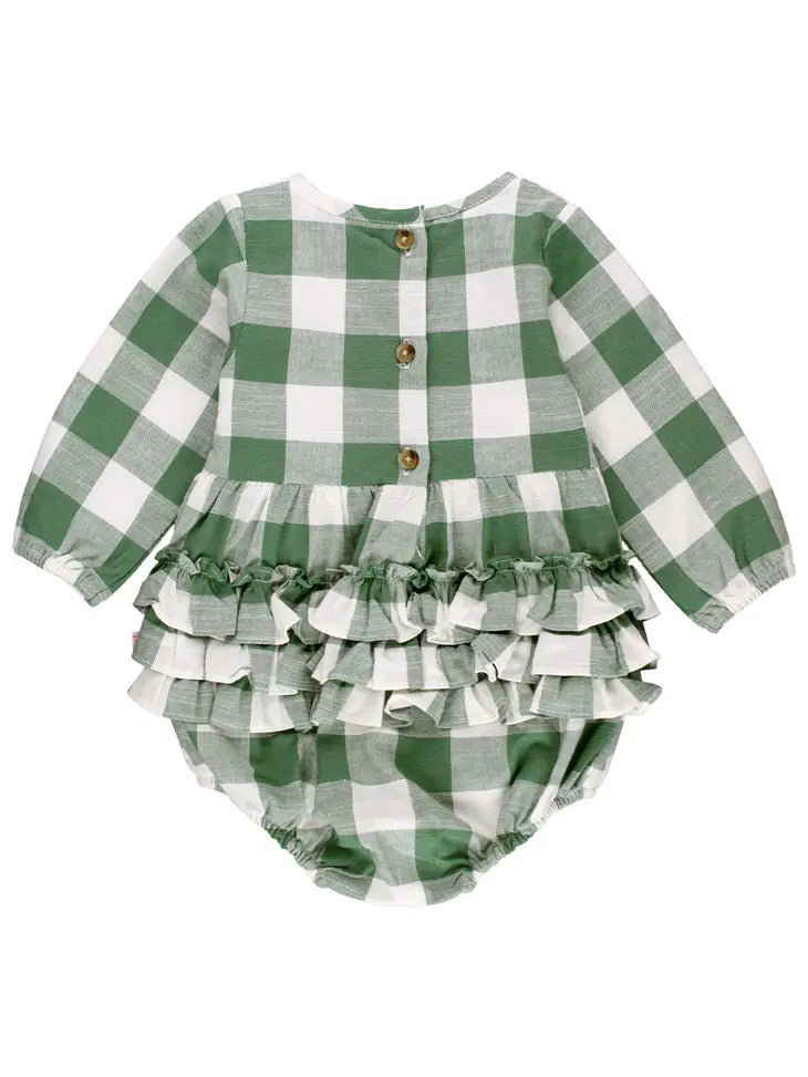 Dark Ivy Plaid Long Sleeve Smocked Bubble Romper