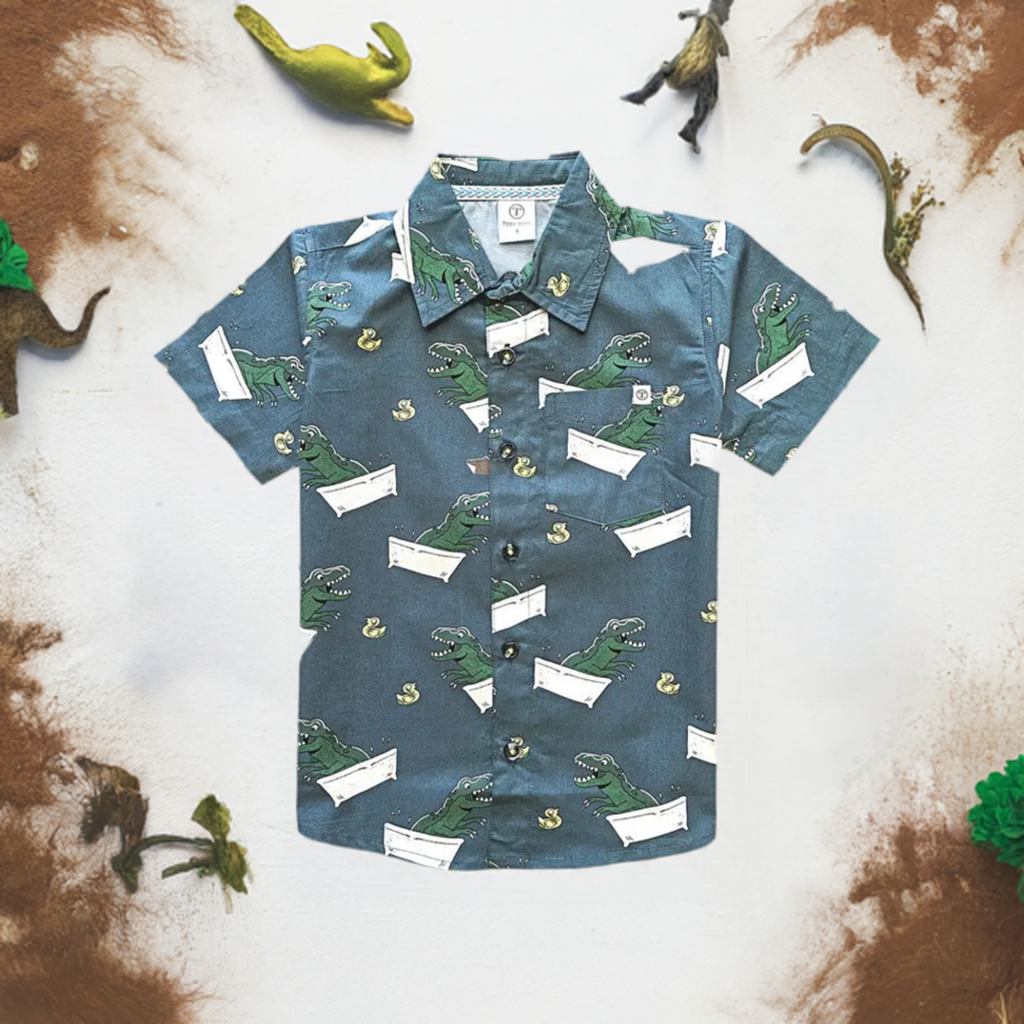 Boys T Rex in Bathtub Print Shirt